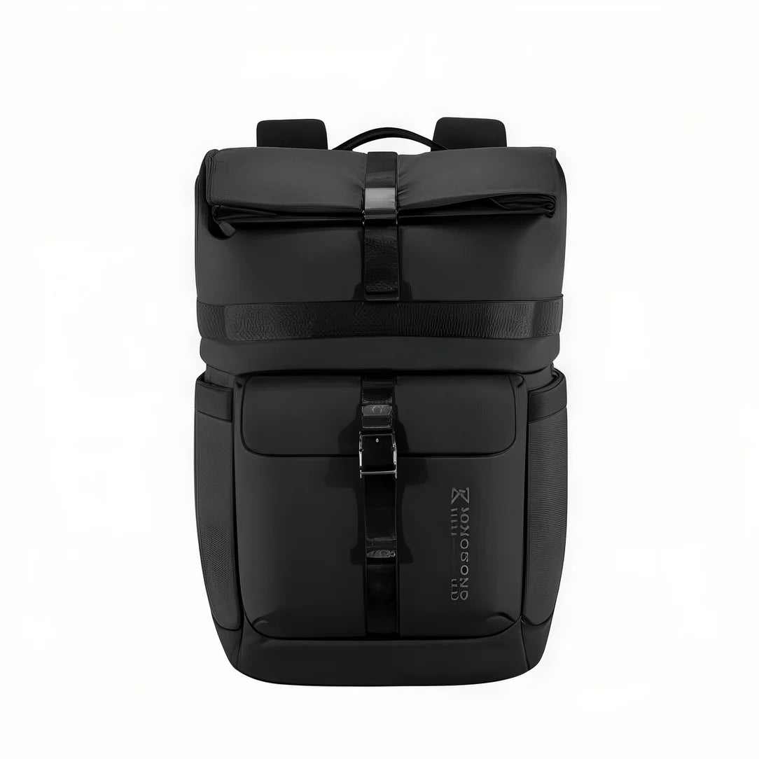 Sac à dos urbain roll top KingsRoll I en cuir noir avec boucles de fermeture