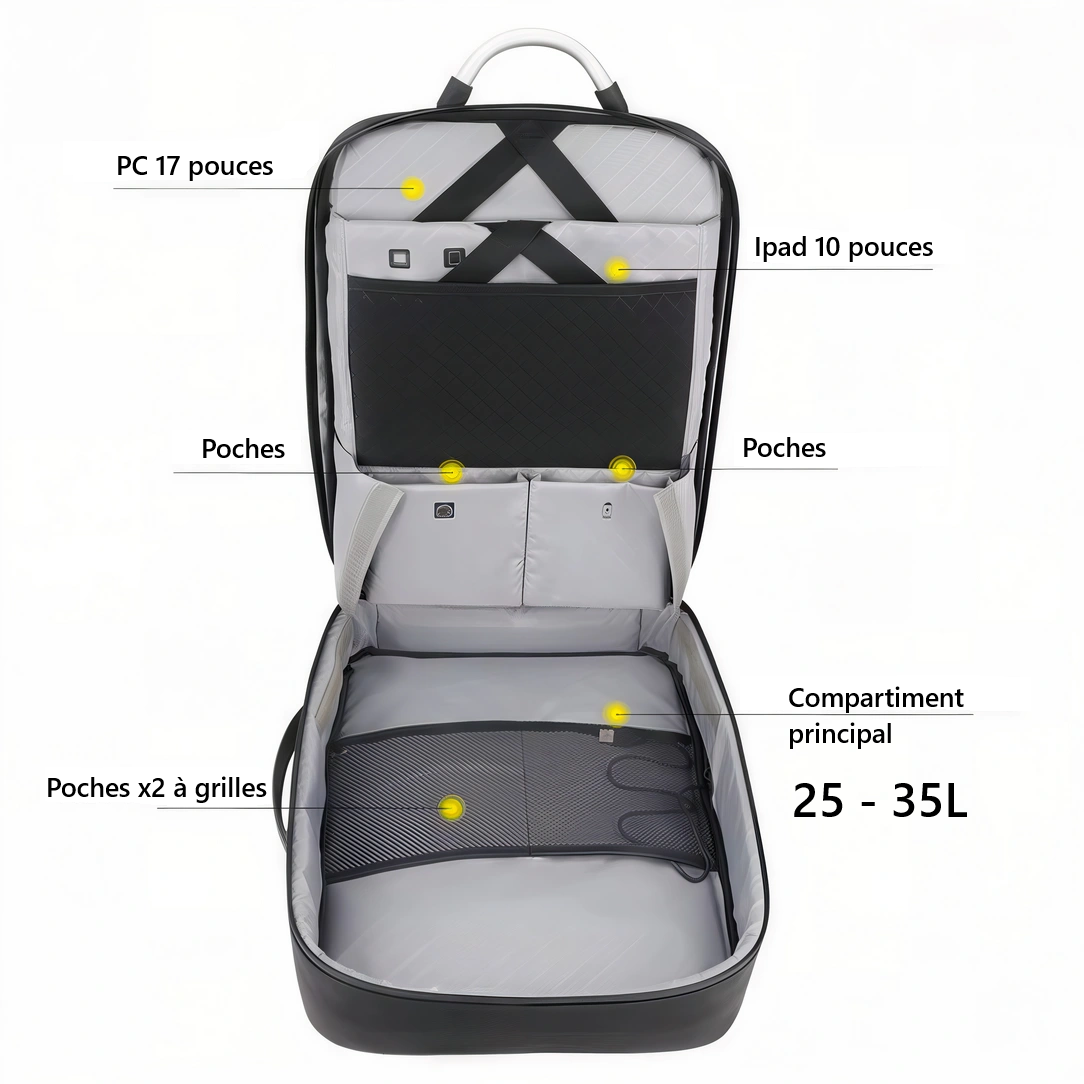 Sac à dos ordinateur 25-35L noir/gris pour PC 17’’ avec compartiments rembourrés