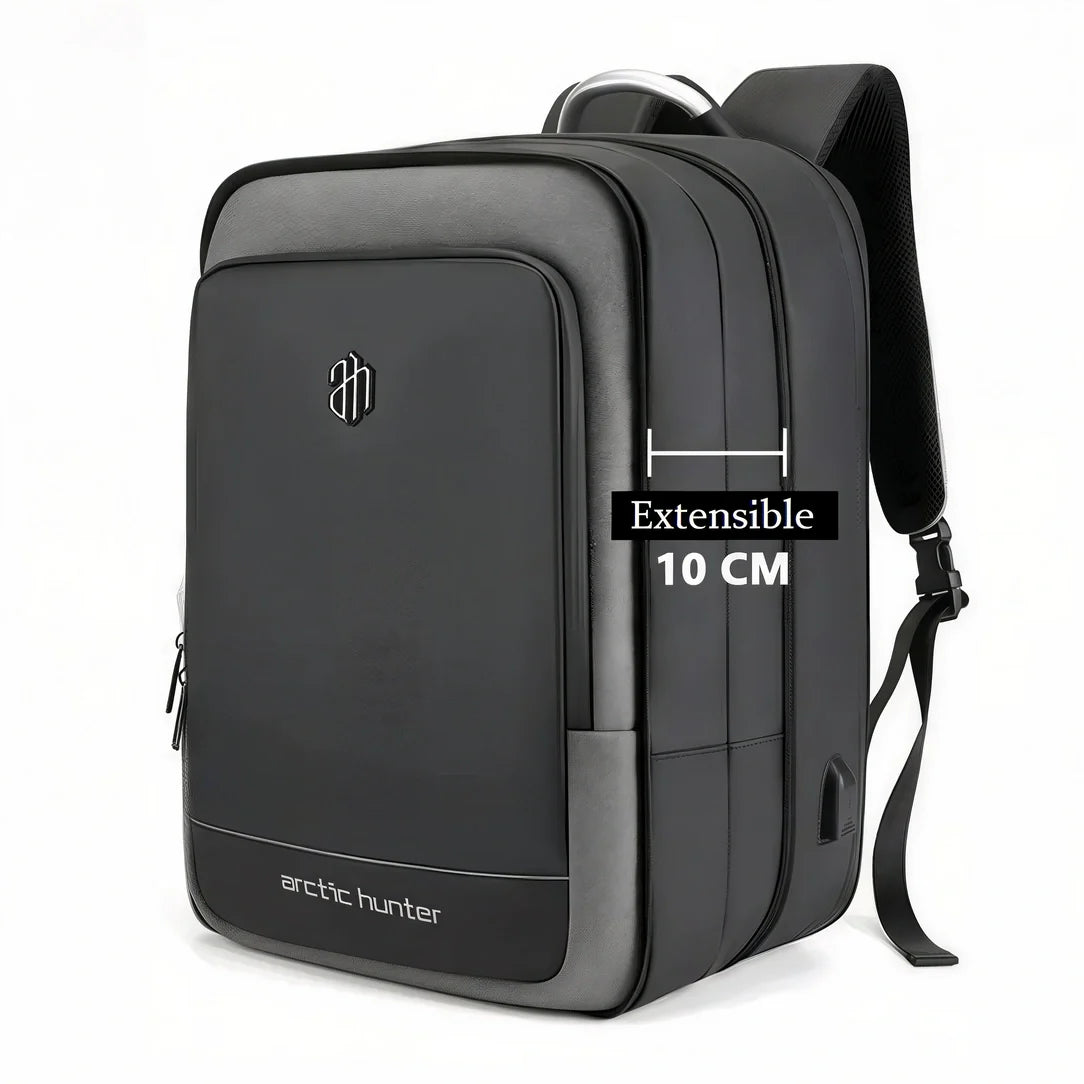 Sac à dos ordinateur noir et gris avec poche latérale extensible 10 cm