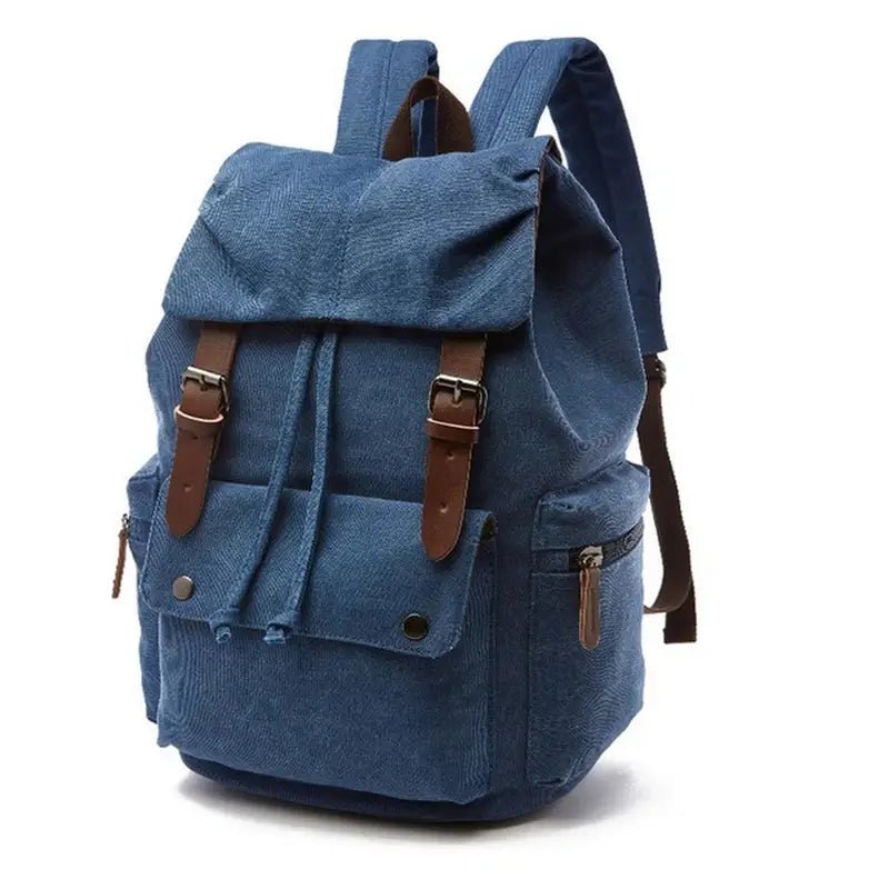 Sac à dos vintage homme en toile bleu avec bretelles et boucles en cuir marron