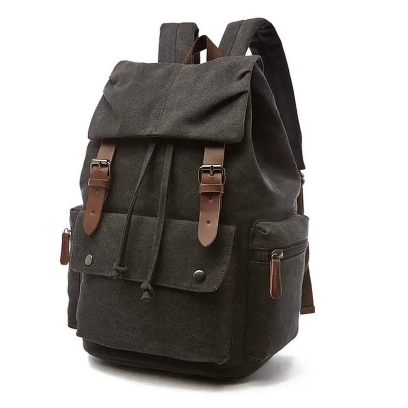 Sac à dos vintage homme en toile avec toile gris foncé et bretelles en cuir marron