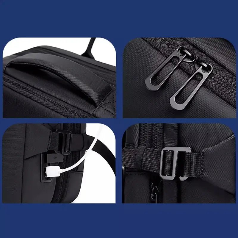 Sac à dos voyage avion noir avec poignée, ports USB, poches zippées et bretelles ajustables