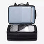 Sac à dos voyage avion noir ouvert avec compartiments pour ordinateur et vêtements