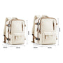 Sac à dos voyage femme crème avec accents marron et multiples poches, dimensions visibles