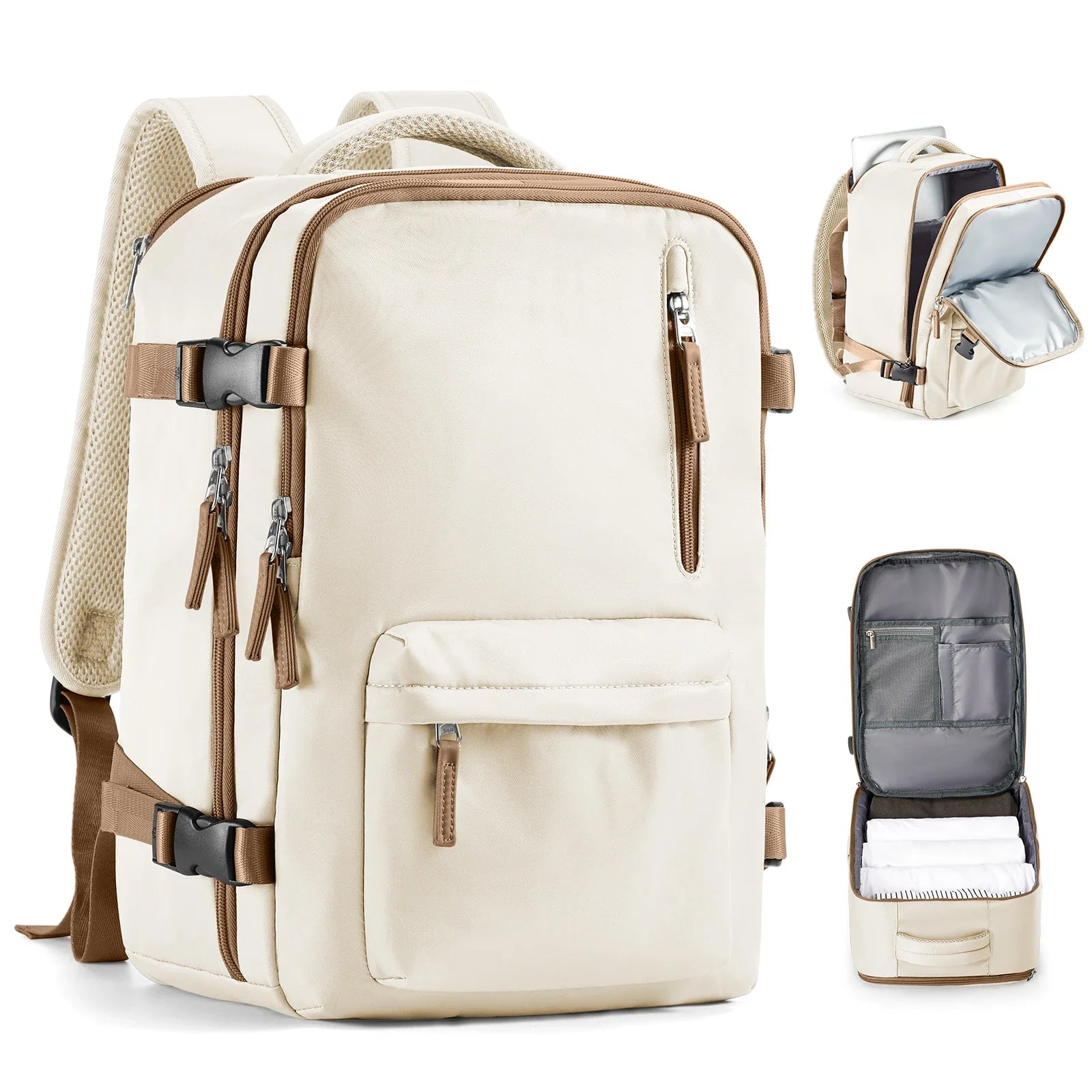 Sac à dos voyage femme crème avec accents marron, compartiments et sangles de compression