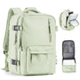 Sac à dos voyage femme vert clair avec plusieurs compartiments et boucles extérieures