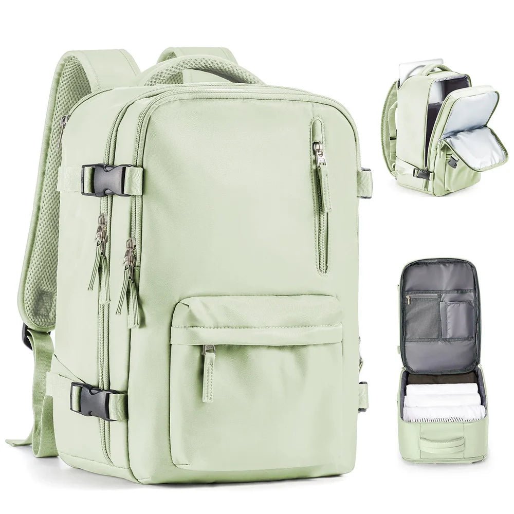 Sac à dos voyage femme vert clair avec plusieurs compartiments et boucles extérieures
