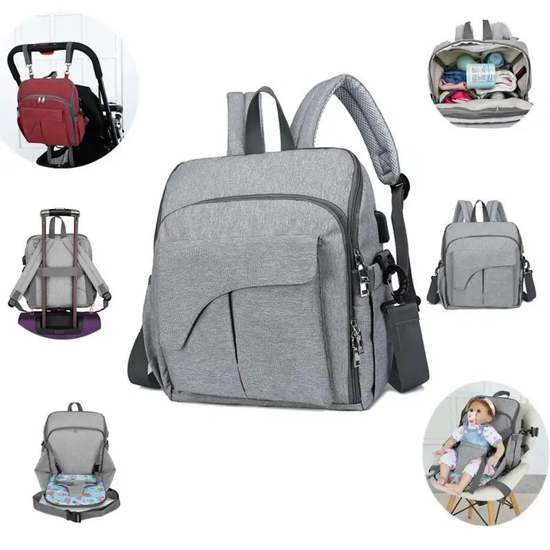 Sac à langer pour bébé gris polyvalent avec multiples options de transport et rangements
