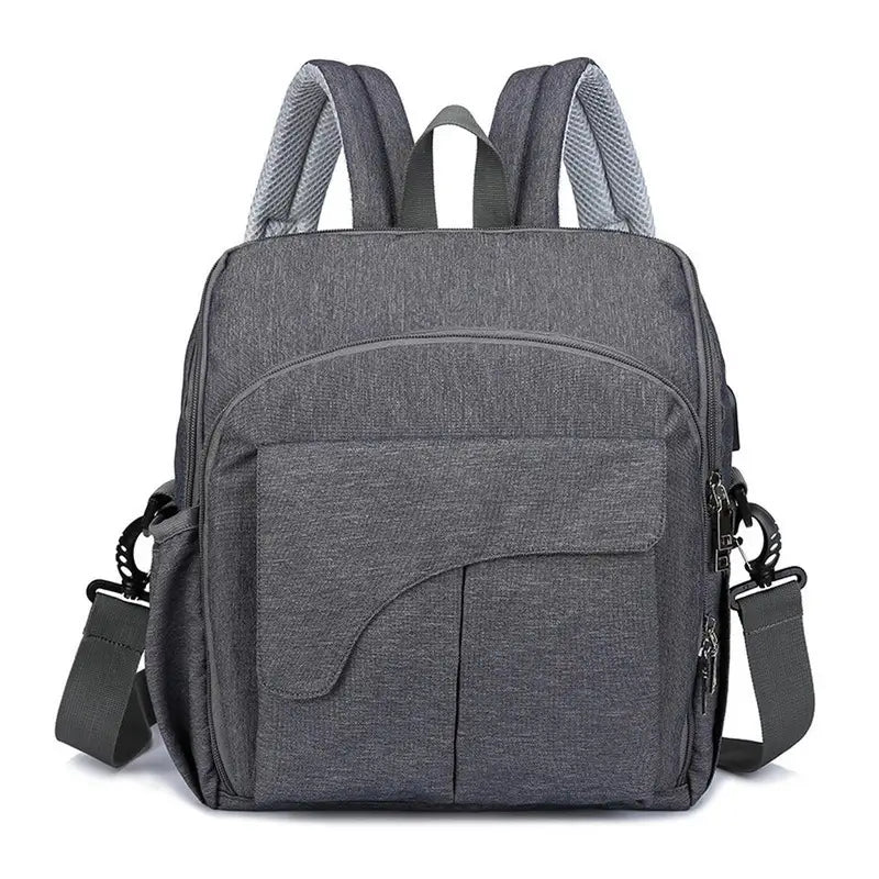 Sac à langer pour bébé en toile gris foncé avec plusieurs poches et bandoulières amovibles