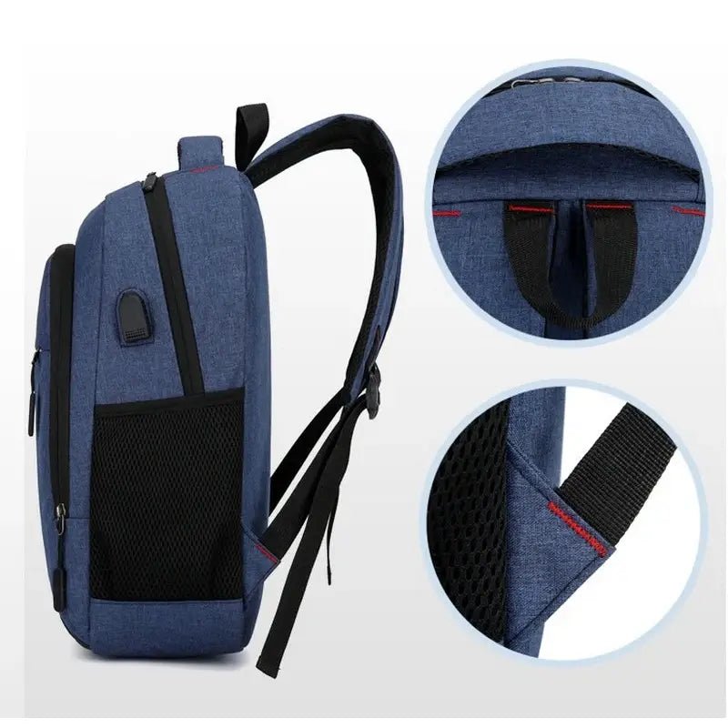Sac de cours collège en tissu bleu avec plusieurs compartiments, poche latérale et port USB