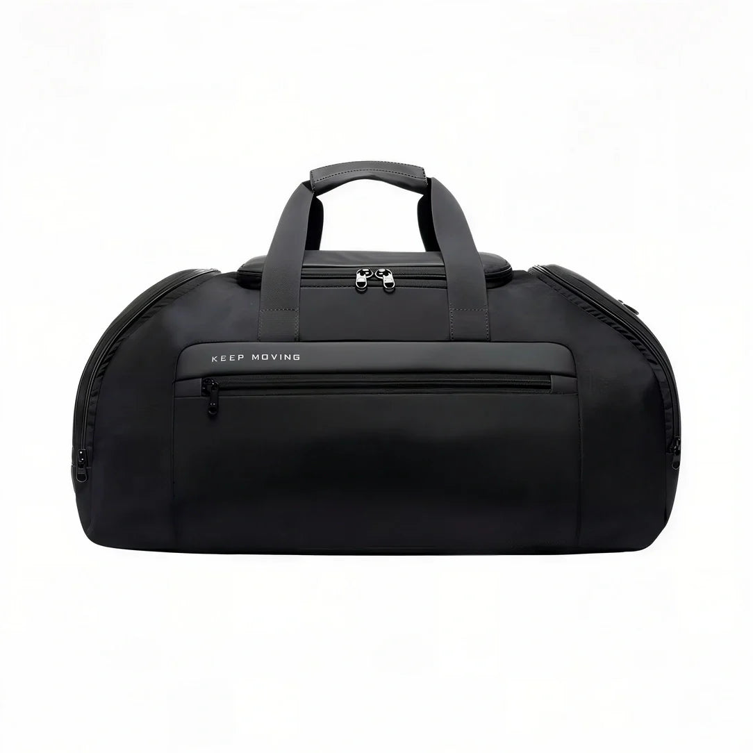 Sac de sport à dos noir avec texte blanc et détails de zip