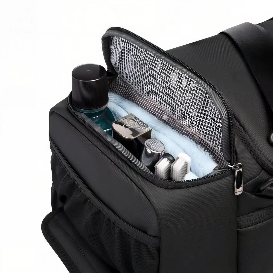 Sac de sport noir avec poche maillée et fermeture éclair pour voyage