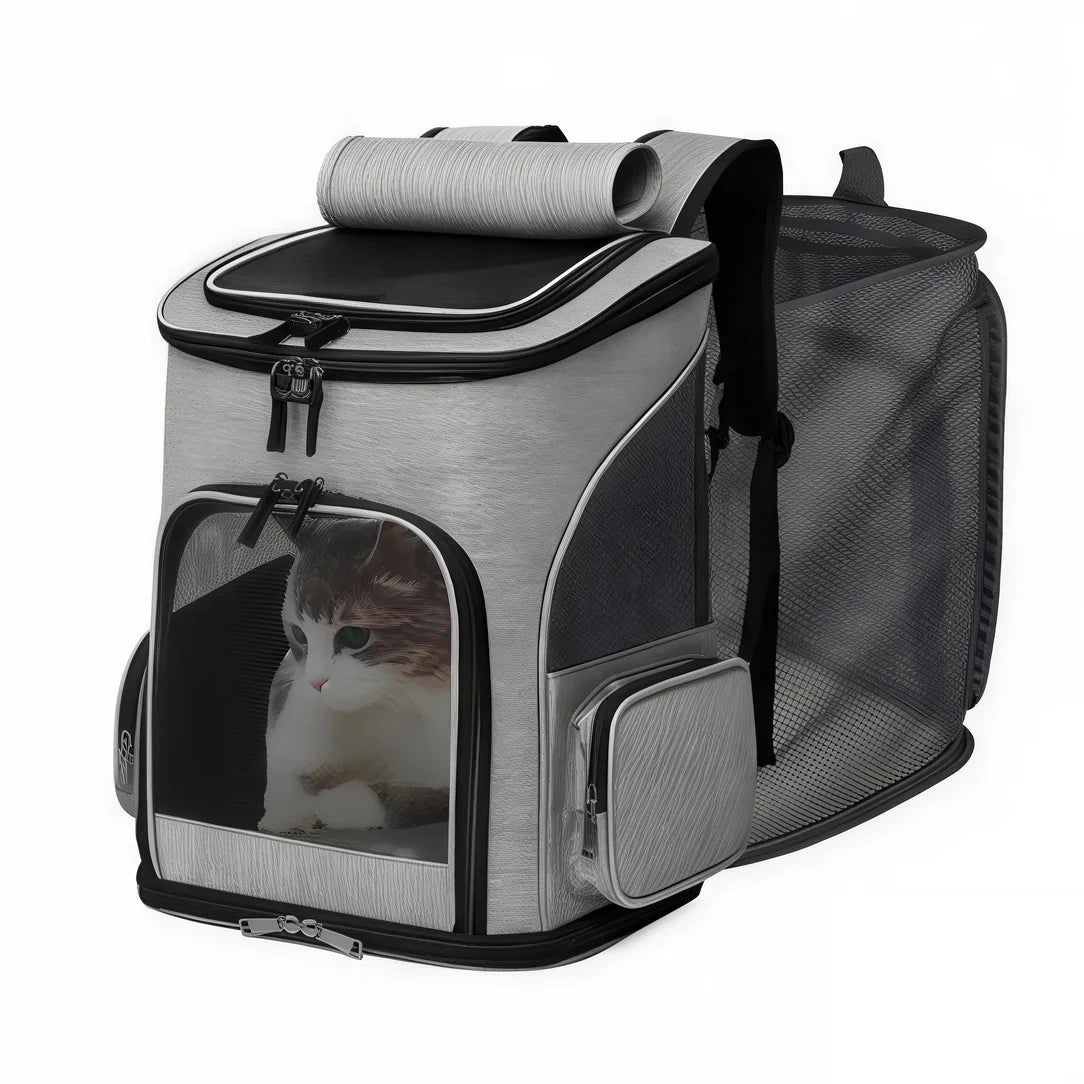 Sac de transport extensible pour chat en gris avec fenêtre en mesh et côté extensible