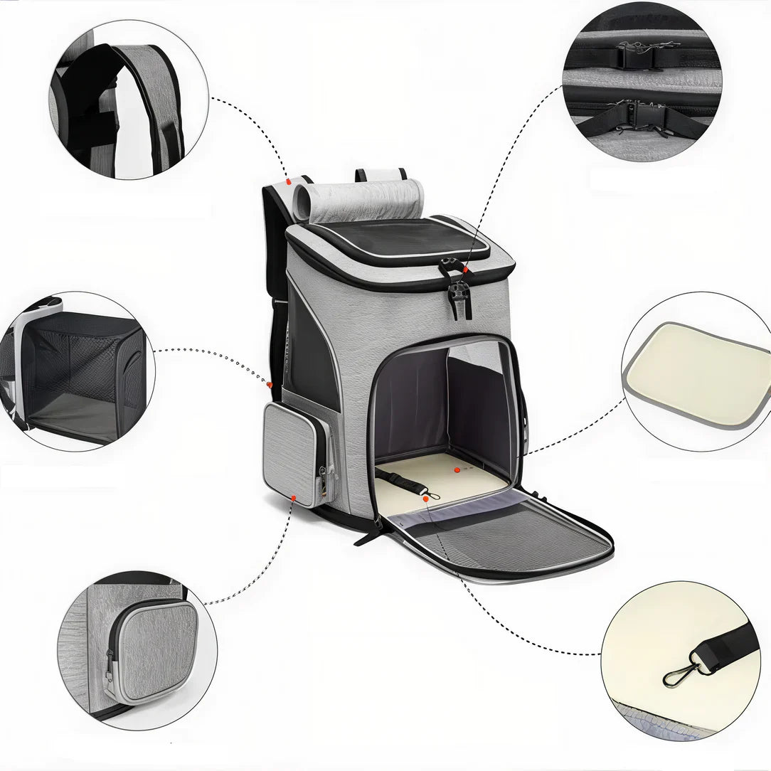 Sac de transport extensible pour chat gris avec plusieurs accès, ventilation, et bretelles ajustables