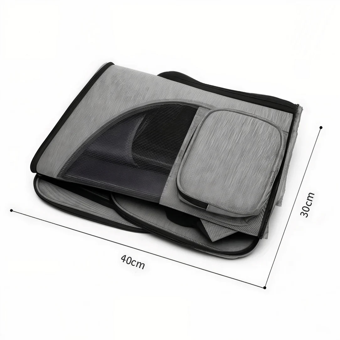 Sac de transport extensible pour chat gris pliable avec fenêtre en mesh et poche latérale