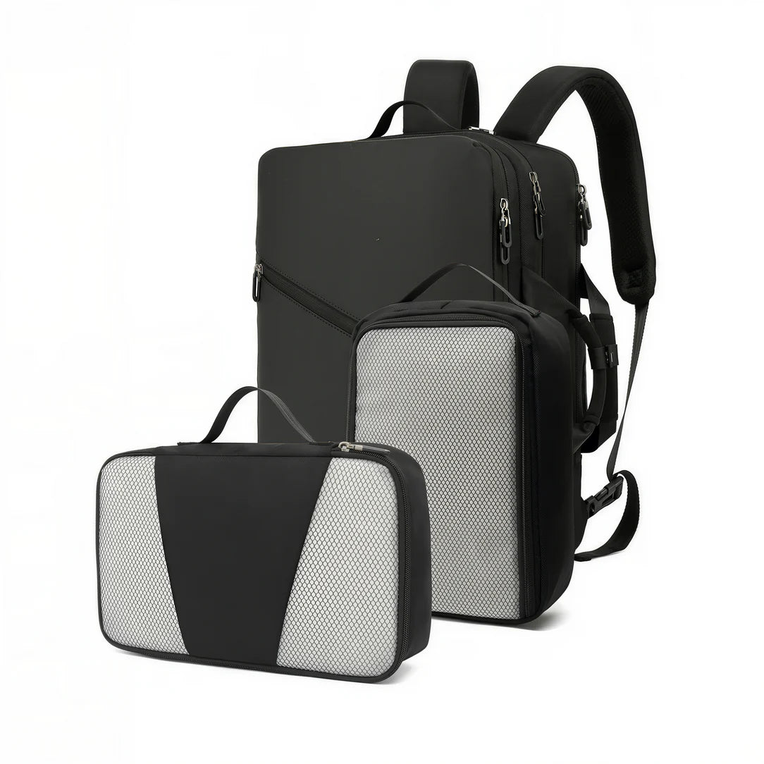 Sac de voyage MoveCase I avec sac à dos noir et cubes de rangement en mesh gris