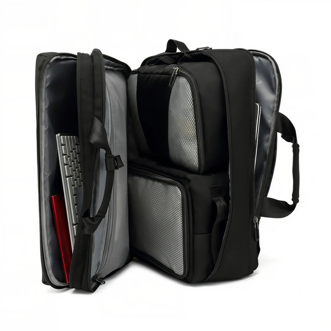 Sac de voyage MoveCase I noir ouvert avec plusieurs compartiments pour électronique