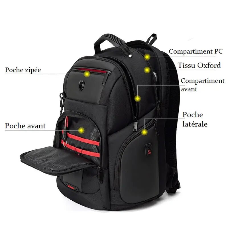 Sac ordinateur grande taille en Oxford avec plusieurs compartiments, noir, accents rouges